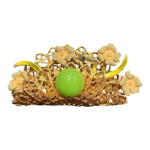 Vintage Gold Filigree Green Glass Floral Brooch Enamel Flowers J18